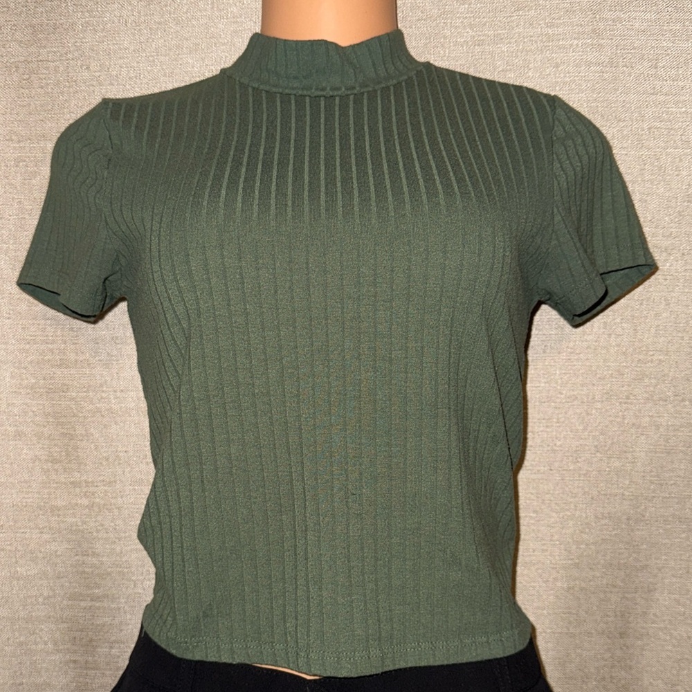 Ribbed olive green mock neck top